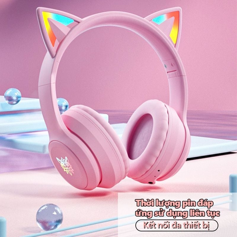 Tai nghe Bluetooth Chụp tai Chơi game Tay Mèo Headphones Gaming Không dây ONIKUMA B90 Hồng Có mic, RGB, Cho PC, Laptop