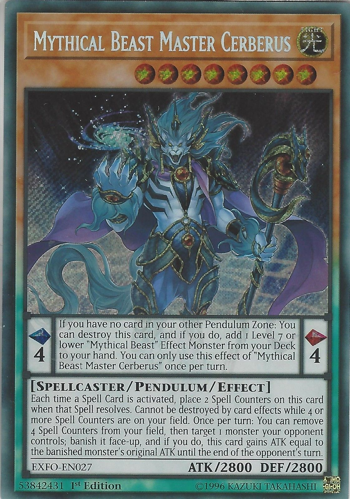 [ UK ] Mythical Beast Master Cerberus - EXFO-EN027 - Secret Rare - 1st Edition