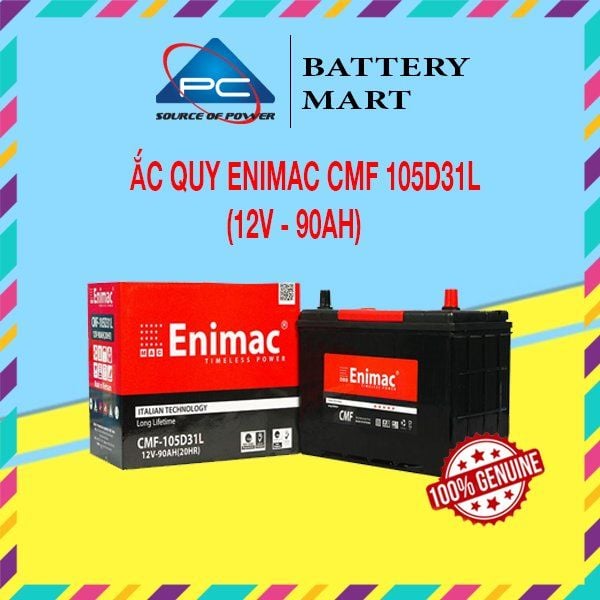 Ắc quy Enimac CMF 105D31L 12V-90AH ảnh quảng cáo sản phẩm kèm vỏ hộp và logo Battery Mart