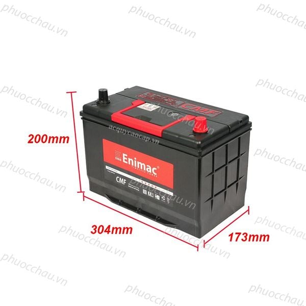 Bình ắc quy Enimac CMF 105D31L 12V-90AH nghiêng trái kèm số đo 304mm x 173mm x 200mm