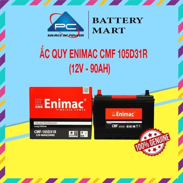 Ắc quy Enimac CMF 105D31R 12V-90AH ảnh quảng cáo sản phẩm kèm hộp đỏ và bình ắc quy thực tế