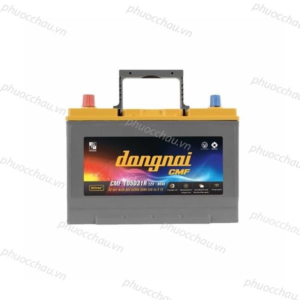 Ắc quy Đồng Nai CMF 105D31R 12V 90Ah chính diện, tem vàng, cọc đỏ xanh
