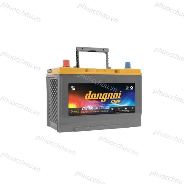 Ắc quy Đồng Nai CMF 105D31R 12V 90Ah góc nghiêng mặt trước tem thông số