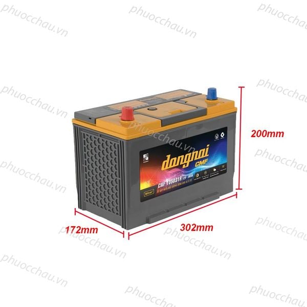 Ắc quy Đồng Nai CMF 105D31R 12V90Ah hình chiếu kích thước dài 305mm rộng 173mm cao 202mm