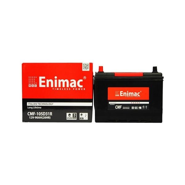 Bình ắc quy Enimac CMF 105D31R 12V-90AH kèm vỏ hộp đỏ ghi Italian Technology và mã QR