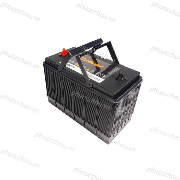 Bình ắc quy Delkor 1110K 12V 100Ah góc nhìn từ trên xuống thấy rõ quai xách và cọc bình