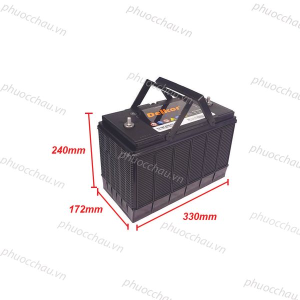 Bình ắc quy Delkor 1110K 12V 100Ah góc nghiêng trái kèm số đo kích thước dài 330mm rộng 172mm cao 240mm