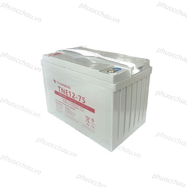 Ắc quy Thiên Năng Tianneng TNE12-75 12V 75Ah góc nghiêng phải tem đỏ vỏ trắng có quai xách
