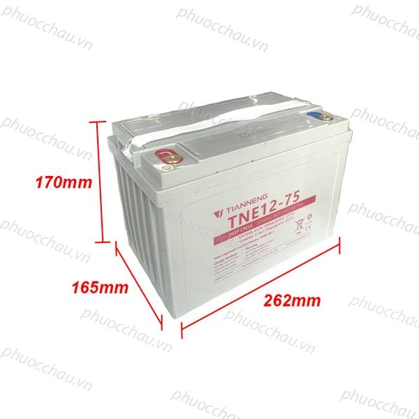 Ắc quy Thiên Năng Tianneng TNE12-75 12V 75Ah hình chiếu kích thước dài 262mm rộng 165mm cao 170mm