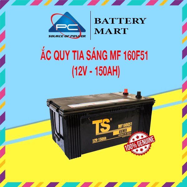 Ắc quy Tia Sáng MF160G51 12V-150Ah ảnh quảng cáo sản phẩm góc nghiêng trái, vỏ đen tem vàng TS, 2 cọc