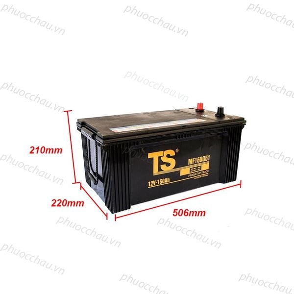 Bình ắc quy Tia Sáng MF160G51 12V-150Ah bản vẽ kích thước dài 506mm rộng 220mm cao 210mm, tem vàng TS