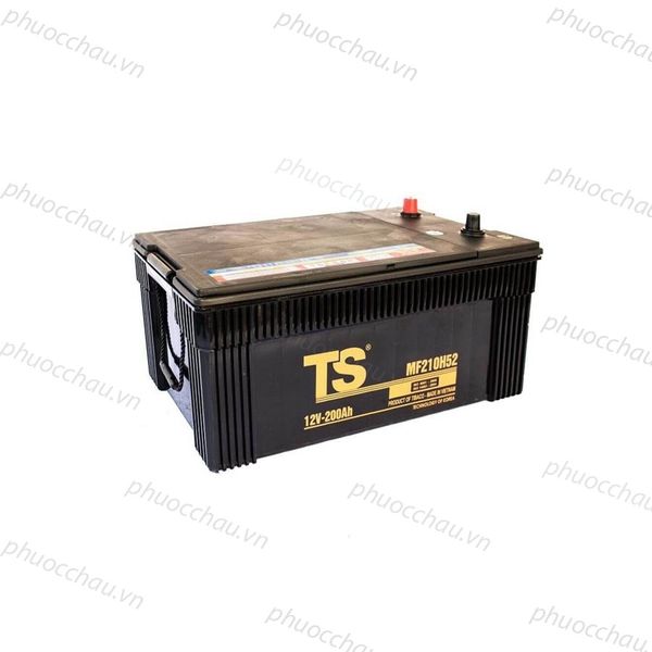 Ắc quy Tia Sáng MF210H52 12V-200Ah góc nghiêng trái tem TS vàng, nắp bình đen có tem phụ