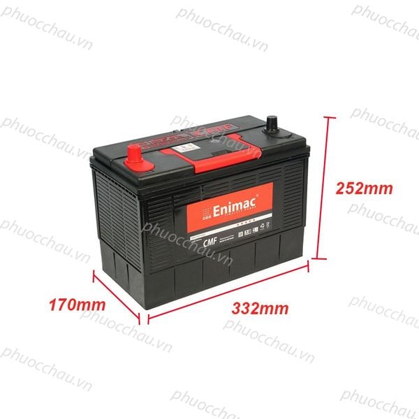 Bình ắc quy Enimac CMF 31-800 12V-100AH nghiêng phải kèm số đo 332x170x252mm