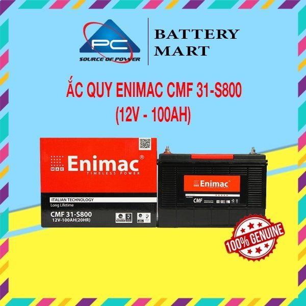 Ắc quy Enimac CMF 31-S800 12V-100AH ảnh quảng cáo sản phẩm kèm vỏ hộp đỏ và tem 100% Genuine
