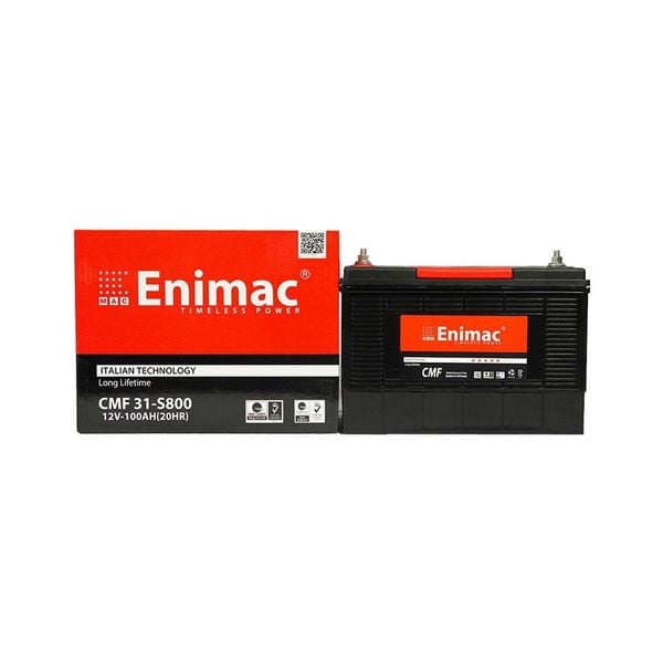 Bình ắc quy Enimac CMF 31-S800 12V-100AH kèm vỏ hộp đỏ in mã QR và logo thương hiệu