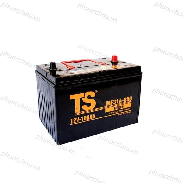 Ắc quy Tia Sáng MF31A-800 12V-100Ah nhìn từ trên xuống, nắp bình đen có quai xách đỏ và tem TS