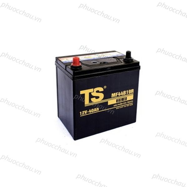 Bình ắc quy Tia Sáng MF44B19R 12V-40Ah nhìn nghiêng trái, tem vàng TS, 2 cọc đỏ đen
