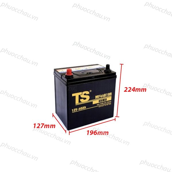 Bình ắc quy Tia Sáng MF44B19R 12V-40Ah bản vẽ kích thước dài 196mm rộng 127mm cao 224mm