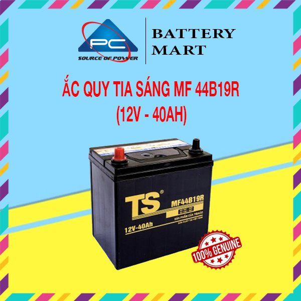 Ắc quy Tia Sáng MF44B19R 12V-40Ah ảnh quảng cáo sản phẩm, vỏ đen, tem TS, logo PC Battery Mart