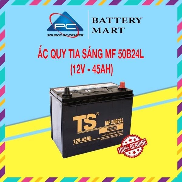 Ắc quy Tia Sáng MF50B24L 12V-45Ah nhìn từ trên, tem TS và logo Battery Mart, ảnh quảng cáo sản phẩm