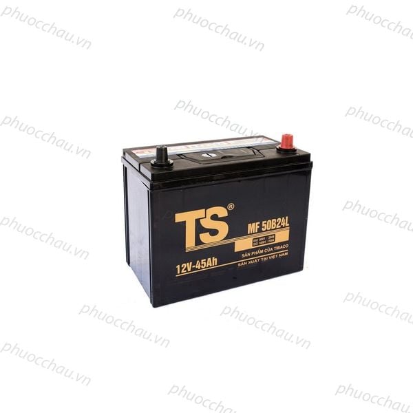 Bình ắc quy Tia Sáng MF50B24L 12V-45Ah, góc nghiêng trái, cọc đỏ và đen, tem TS và nhãn MF 50B24L