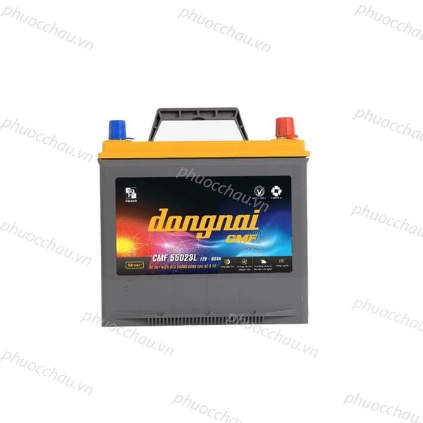 Bình ắc quy Đồng Nai CMF 55D23L 12V 60Ah chính diện mặt trước