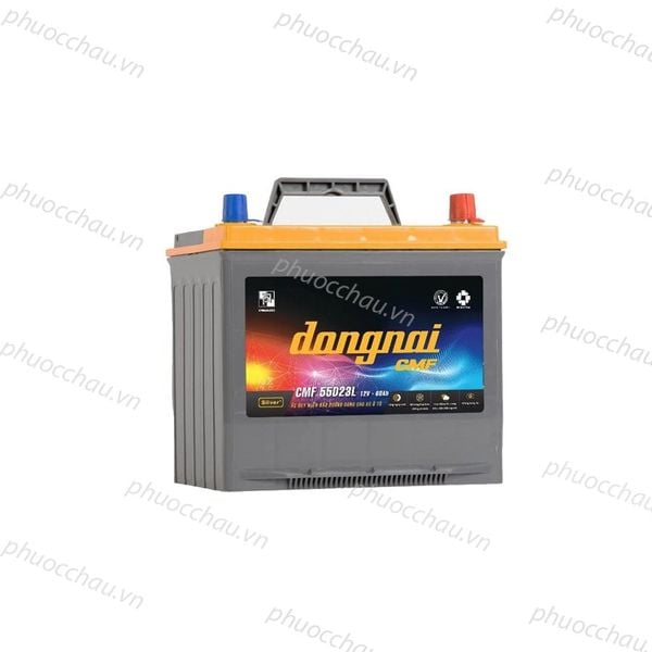 Ắc quy Đồng Nai CMF 55D23L 12V 60Ah nhìn chính diện góc 3/4