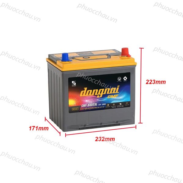 Bình ắc quy Đồng Nai CMF 55D23L 12V 60Ah hình chiếu kích thước 232x171x200mm