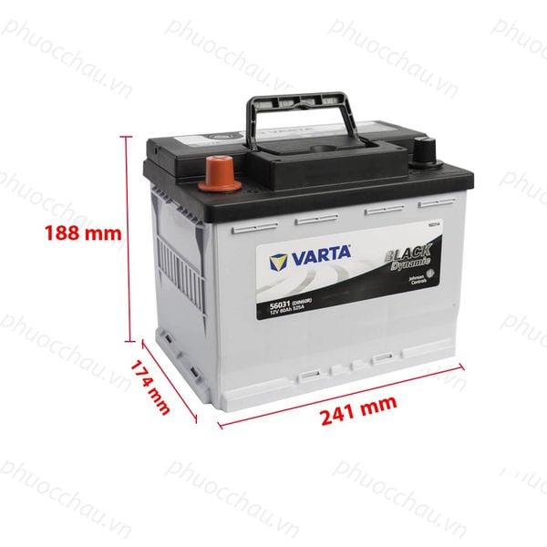 Ắc quy VARTA DIN 56031 12V-60AH bản vẽ kích thước dài 241mm rộng 174mm cao 188mm