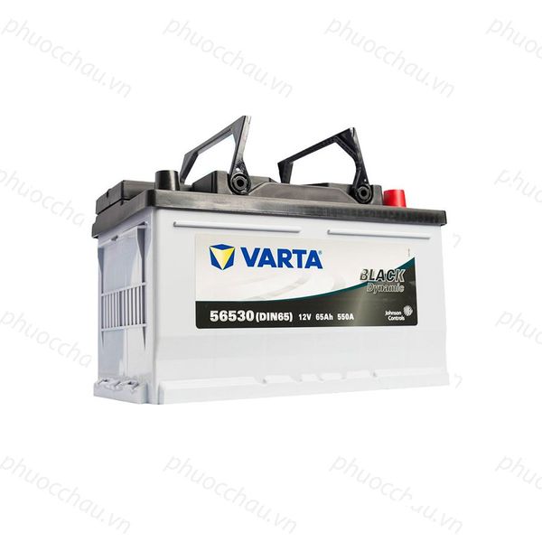 Ắc quy VARTA DIN 56530 12V-65AH góc nghiêng trái, vỏ trắng, nắp đen, có tay xách