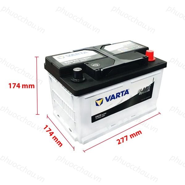 Ắc quy VARTA DIN 56530 12V-65AH nhìn từ trên xuống kèm số đo kích thước dài 277mm rộng 174mm cao 174mm