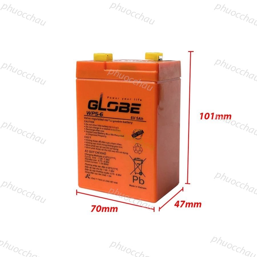 Ắc quy khô GLOBE WP5-6 6V-5AH Bình ắc quy khô 6v cho xe điện trẻ em ,đèn khẩn cấp,quạt sạc