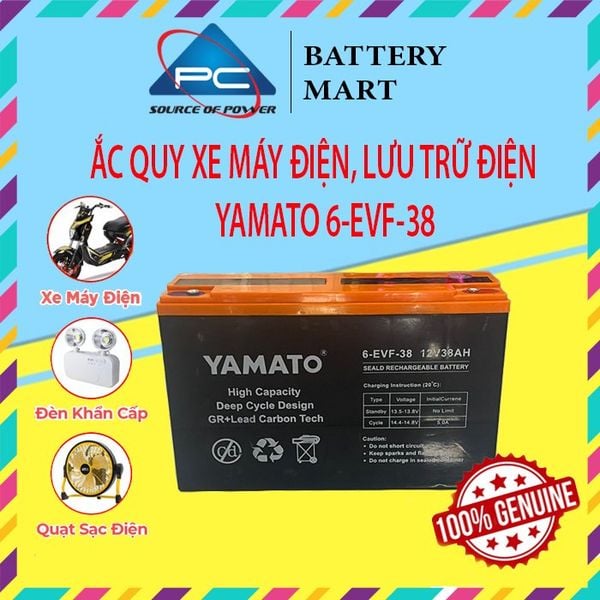 Ắc quy Yamato 6-EVF-38 12V-38AH ảnh quảng cáo sản phẩm, ứng dụng xe máy điện, đèn khẩn cấp, quạt sạc điện