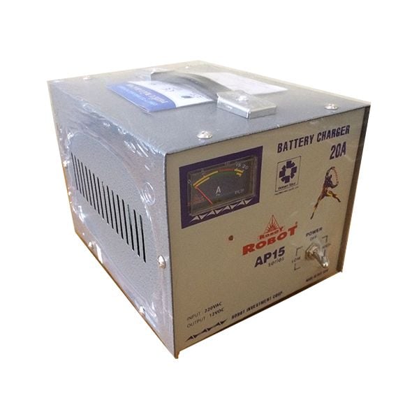 Máy sạc ắc quy Robot AP15 20A 12V góc nghiêng phải, vỏ xám có tem bảo hành và công tắc nguồn