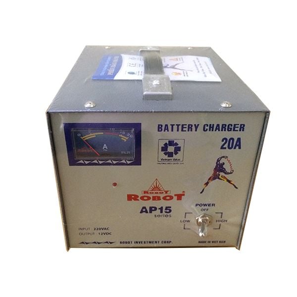 Máy sạc ắc quy Robot AP15 20A 12V góc nhìn từ trên, mặt kim loại xám có tem chứng nhận và công tắc LOW HIGH