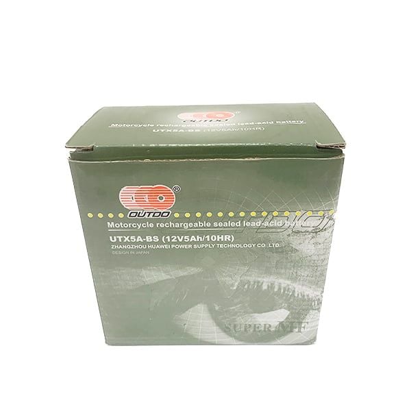 Vỏ hộp ắc quy OUTDO UTX5A-BS 12V 5AH màu xanh, in logo OUTDO và dòng chữ Motorcycle rechargeable sealed lead-acid battery