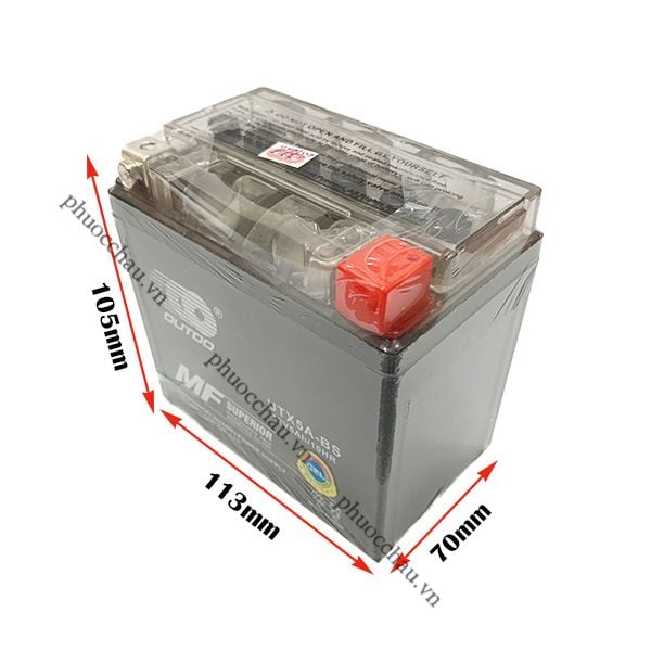 Bình ắc quy OUTDO UTX5A-BS 12V 5AH nghiêng phải kèm số đo 113mm x 70mm x 105mm
