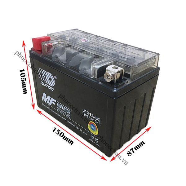 Bình ắc quy khô OUTDO UTX9A-BS 12V-9AH cho Spacy, Attila, Vespa LX - ảnh kích thước dài 150mm rộng 87mm cao 105mm