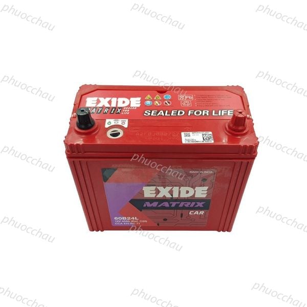 Bình ắc quy EXIDE 60B24L 12V-45Ah góc nhìn từ trên xuống, rõ 2 cọc và tem MATRIX CAR trên nắp đỏ