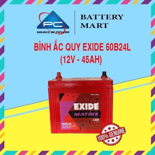 Bình ắc quy EXIDE 60B24L 12V-45Ah ảnh quảng cáo sản phẩm trên nền xanh lá, tem MATRIX đỏ