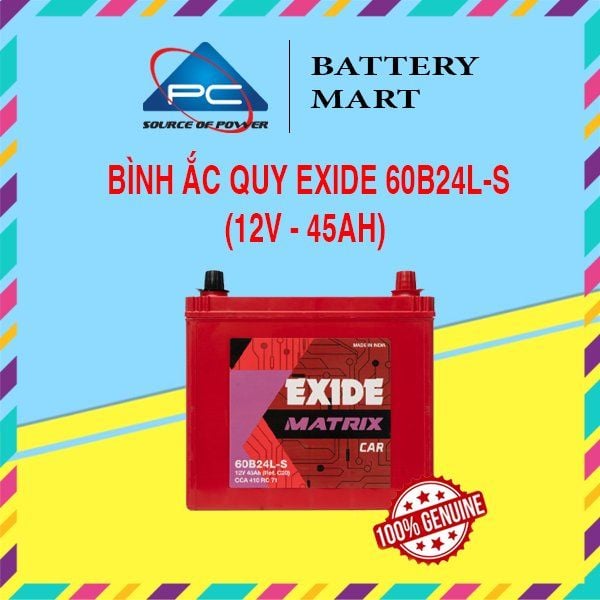 Bình ắc quy EXIDE 60B24L-S 12V-45Ah ảnh quảng cáo sản phẩm trên nền xanh dương, góc nghiêng phải thấy 2 cọc và tem MATRIX CAR đỏ