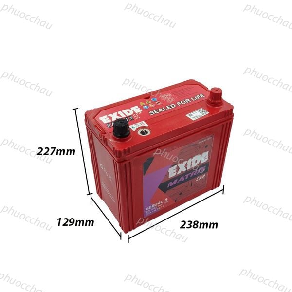 Bình ắc quy EXIDE 60B24L-S 12V-45Ah ảnh kích thước với số đo 238mm x 129mm x 227mm
