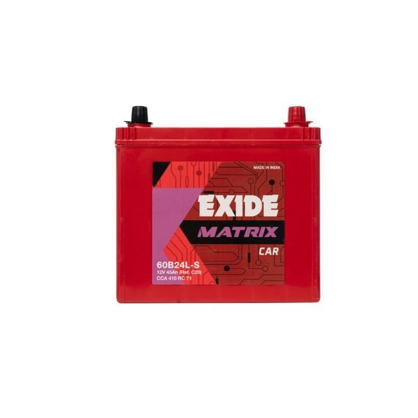 Bình ắc quy EXIDE 60B24L-S 12V-45Ah nhìn thẳng, tem MATRIX CAR đỏ tím, vỏ đỏ, 2 cọc, chữ Made in India