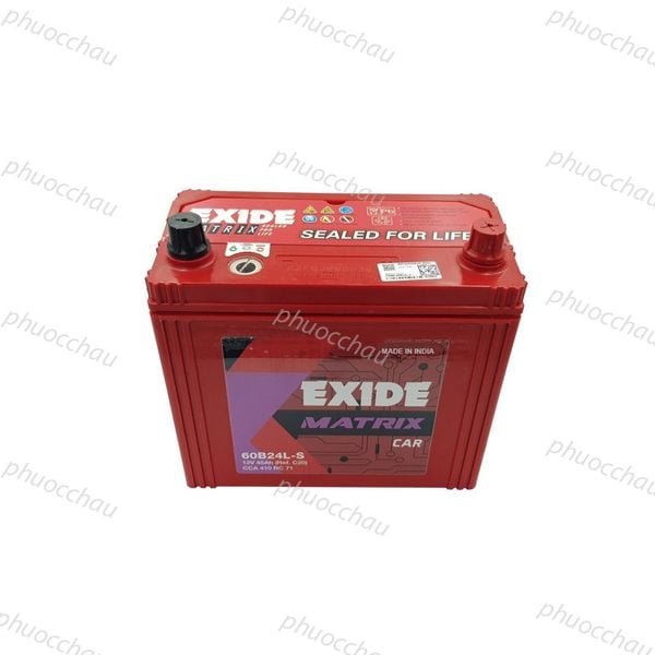 Bình ắc quy EXIDE 60B24L-S 12V-45Ah góc nghiêng trái, tem MATRIX CAR đỏ, nắp đỏ chữ SEALED FOR LIFE