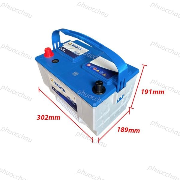Bình ắc quy VARTA 65-7MF 12V 85Ah nhìn nghiêng phải kèm số đo 302mm x 189mm x 191mm