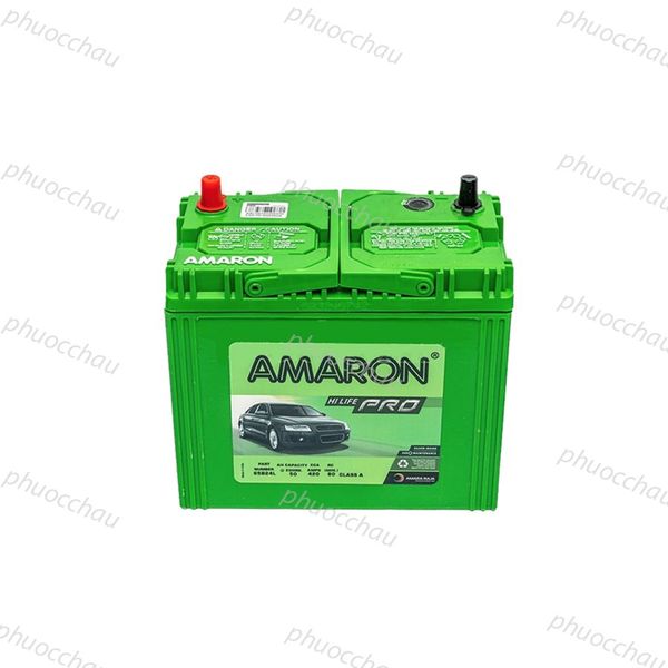 Bình ắc quy Amaron Pro 65B24L 12V 50AH cận cảnh cọc bình màu đỏ đen và tem thông số
