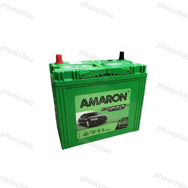 Bình ắc quy Amaron Pro 65B24L 12V 50AH nhìn từ trên xuống, mặt tem HI LIFE PRO in hình xe ô tô