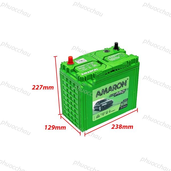 Ắc quy Amaron Pro 65B24L 12V 50AH nghiêng phải kèm số đo chiều cao 227mm, rộng 129mm, dài 238mm