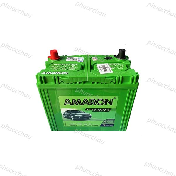 Bình ắc quy Amaron Pro 65B24L 12V 50AH mặt trước tem HI LIFE PRO in hình xe sedan màu xanh lá