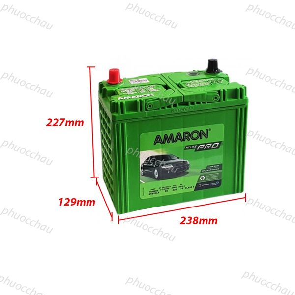 Bình ắc quy Amaron Pro 65B24L 12V 50AH nghiêng trái kèm số đo chiều cao 227mm, rộng 129mm, dài 238mm